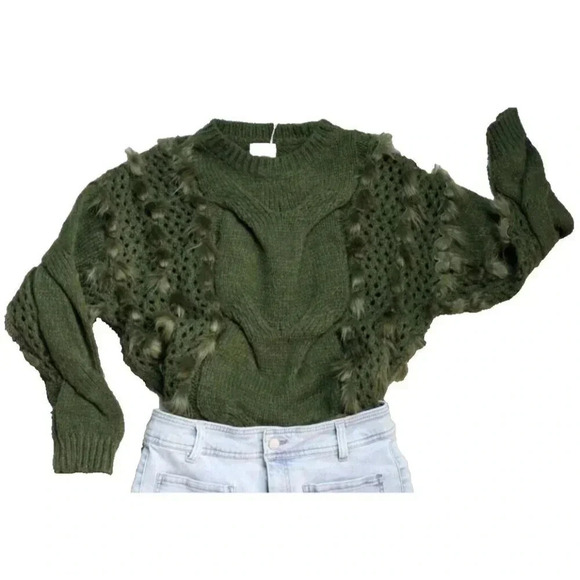 Unbranded Sweaters - New Women Green Sweater Casual Pullover Fashion Knitted Tops Sweater W/ Fur